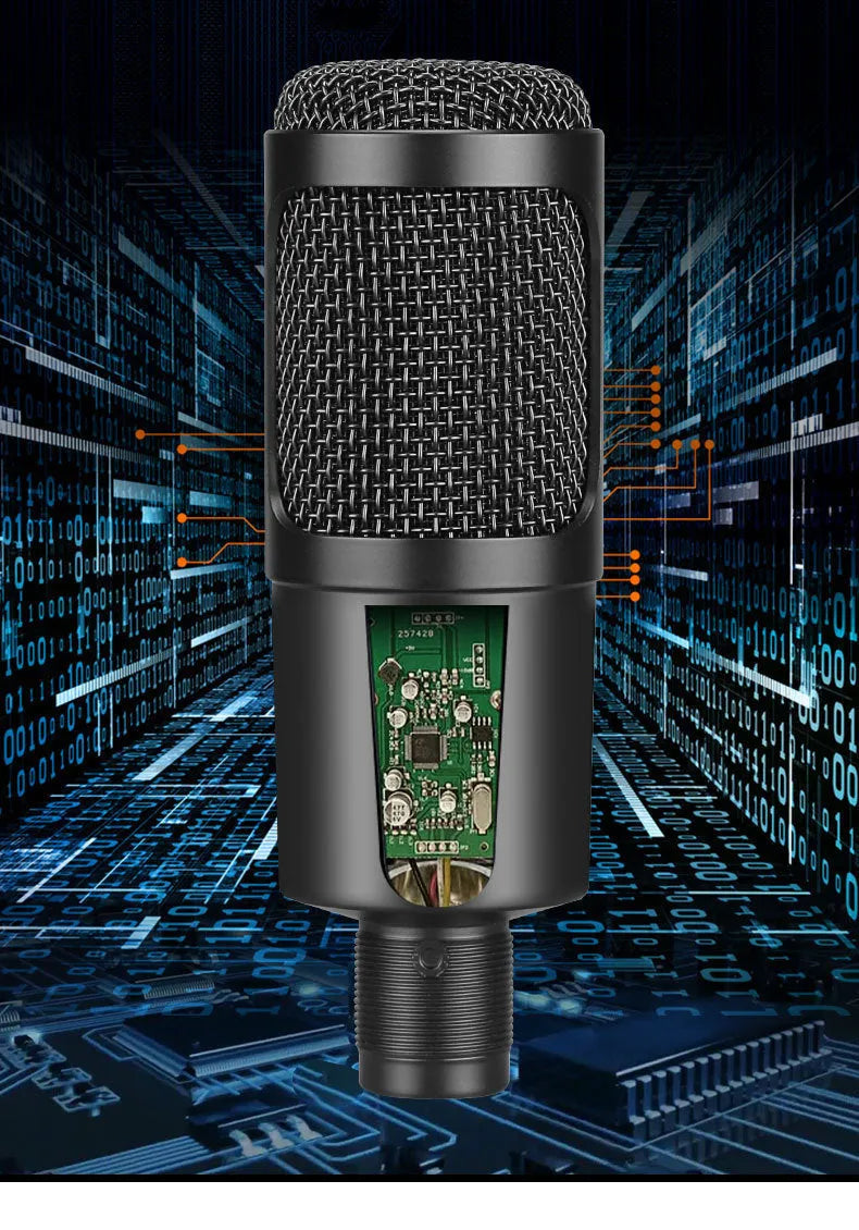 Black USB condenser microphone with adjustable stand for computer recording
