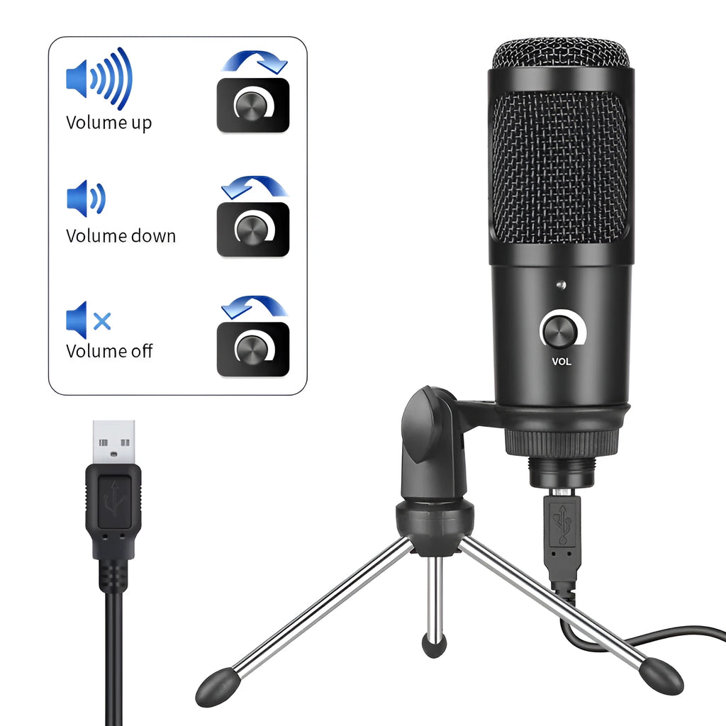 Black USB condenser microphone with adjustable stand for computer recording