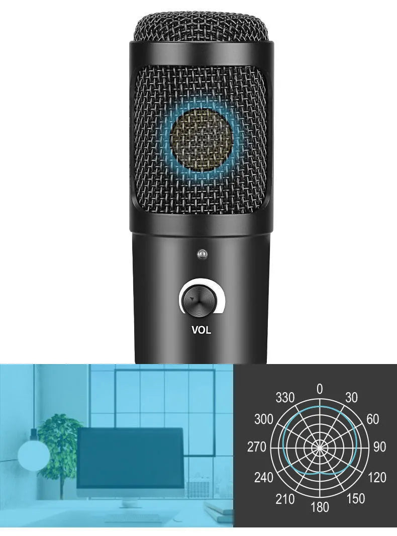 Black USB condenser microphone with adjustable stand for computer recording