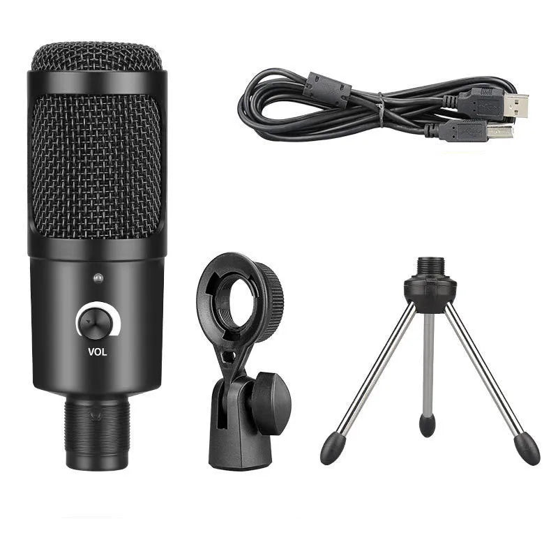 Black USB condenser microphone with adjustable stand for computer recording