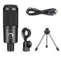Black USB condenser microphone with adjustable stand for computer recording