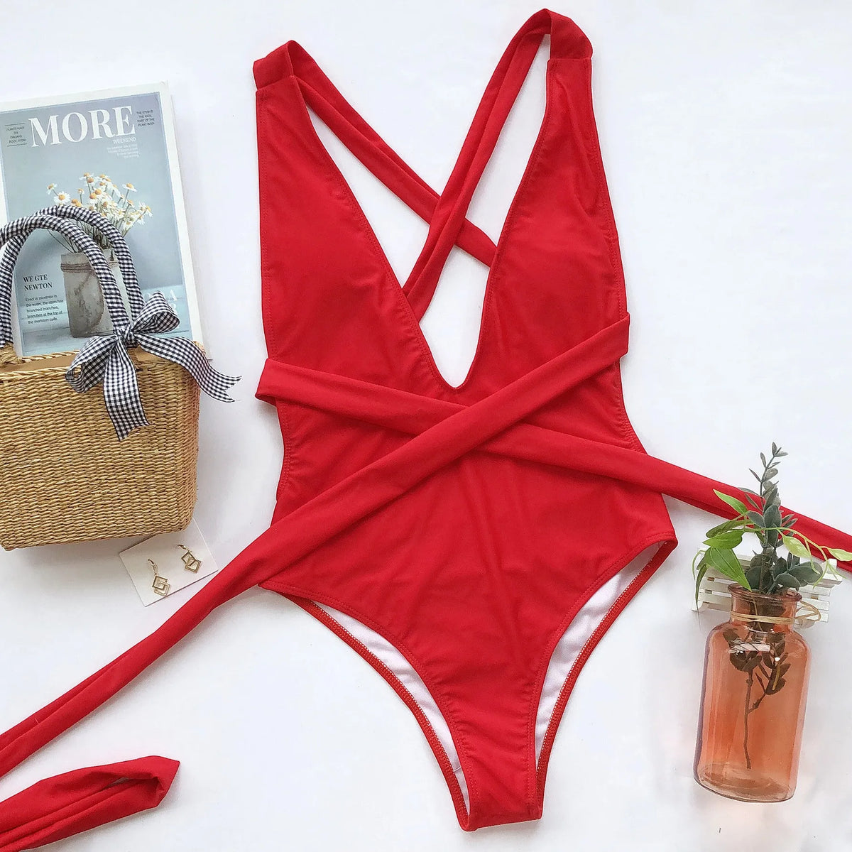 Women's push up halter swimsuit with deep V neck, lace tie and grid pattern in white or red