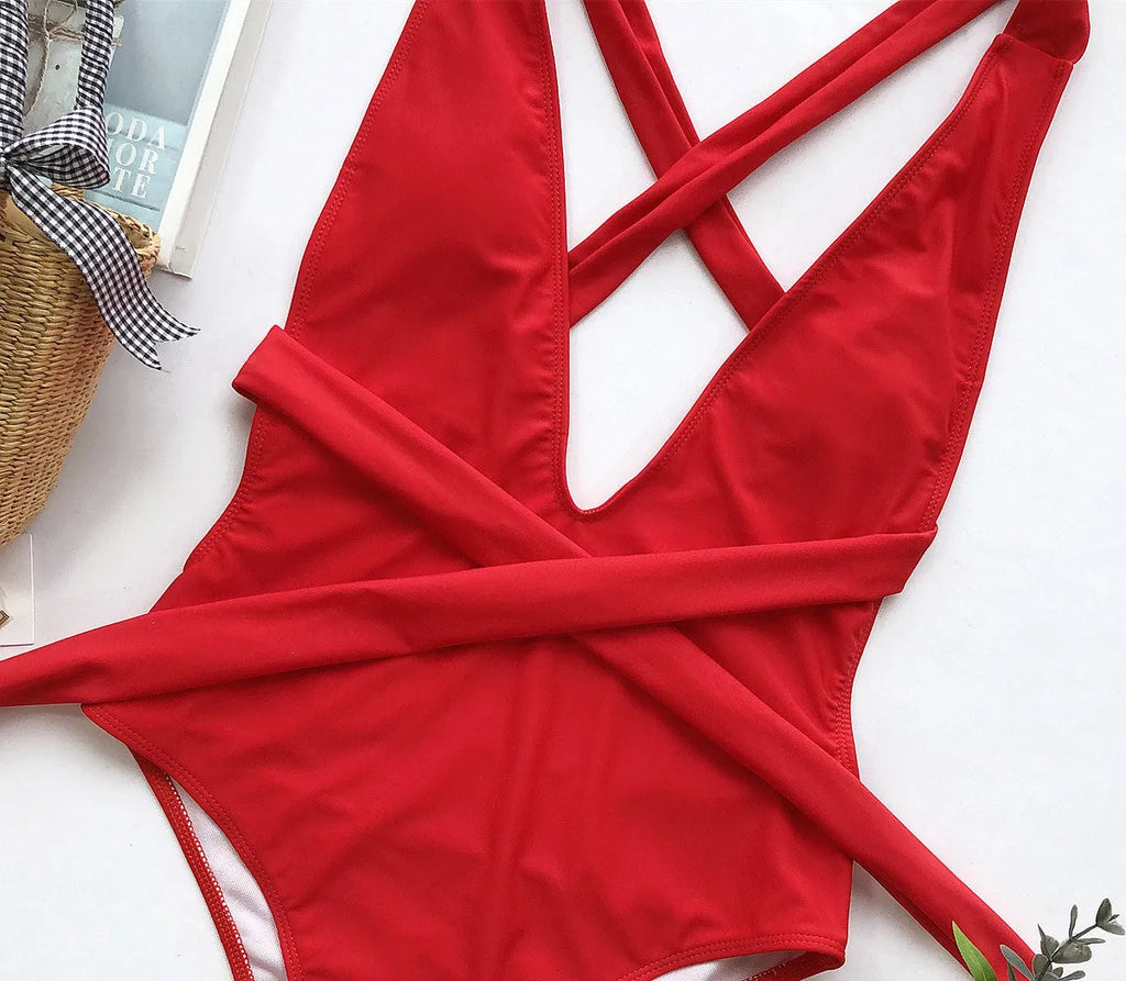 Women's push up halter swimsuit with deep V neck, lace tie and grid pattern in white or red