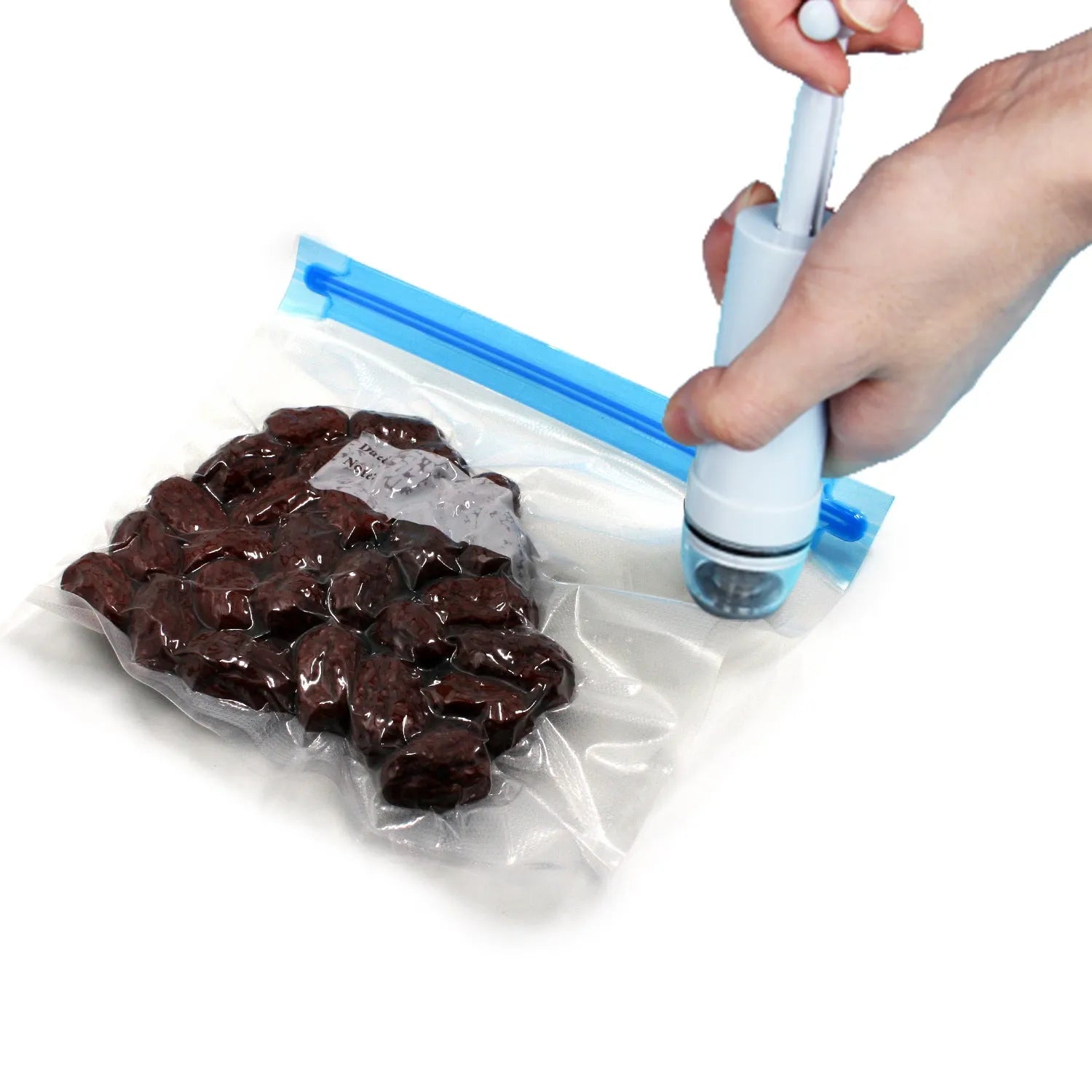 Green and grey manual vacuum compression storage bag with a hand pump for removing air.