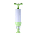 Green and grey manual vacuum compression storage bag with a hand pump for removing air.