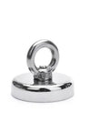 Round nickel-plated salvage magnet with sucker attachment, D25mm diameter, for deep sea fishing.