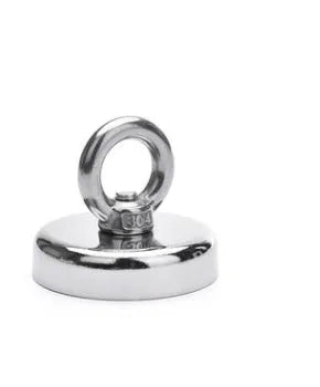 Round nickel-plated salvage magnet with sucker attachment, D25mm diameter, for deep sea fishing.