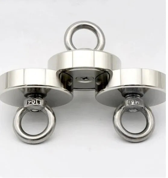 Round nickel-plated salvage magnet with sucker attachment, D25mm diameter, for deep sea fishing.