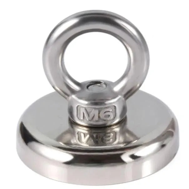 Round nickel-plated salvage magnet with sucker attachment, D25mm diameter, for deep sea fishing.