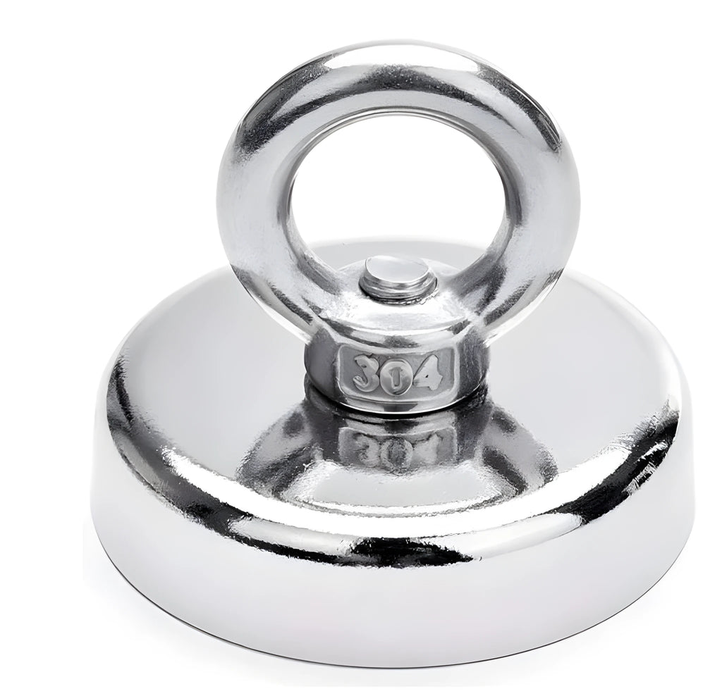 Round nickel-plated salvage magnet with sucker attachment, D25mm diameter, for deep sea fishing.
