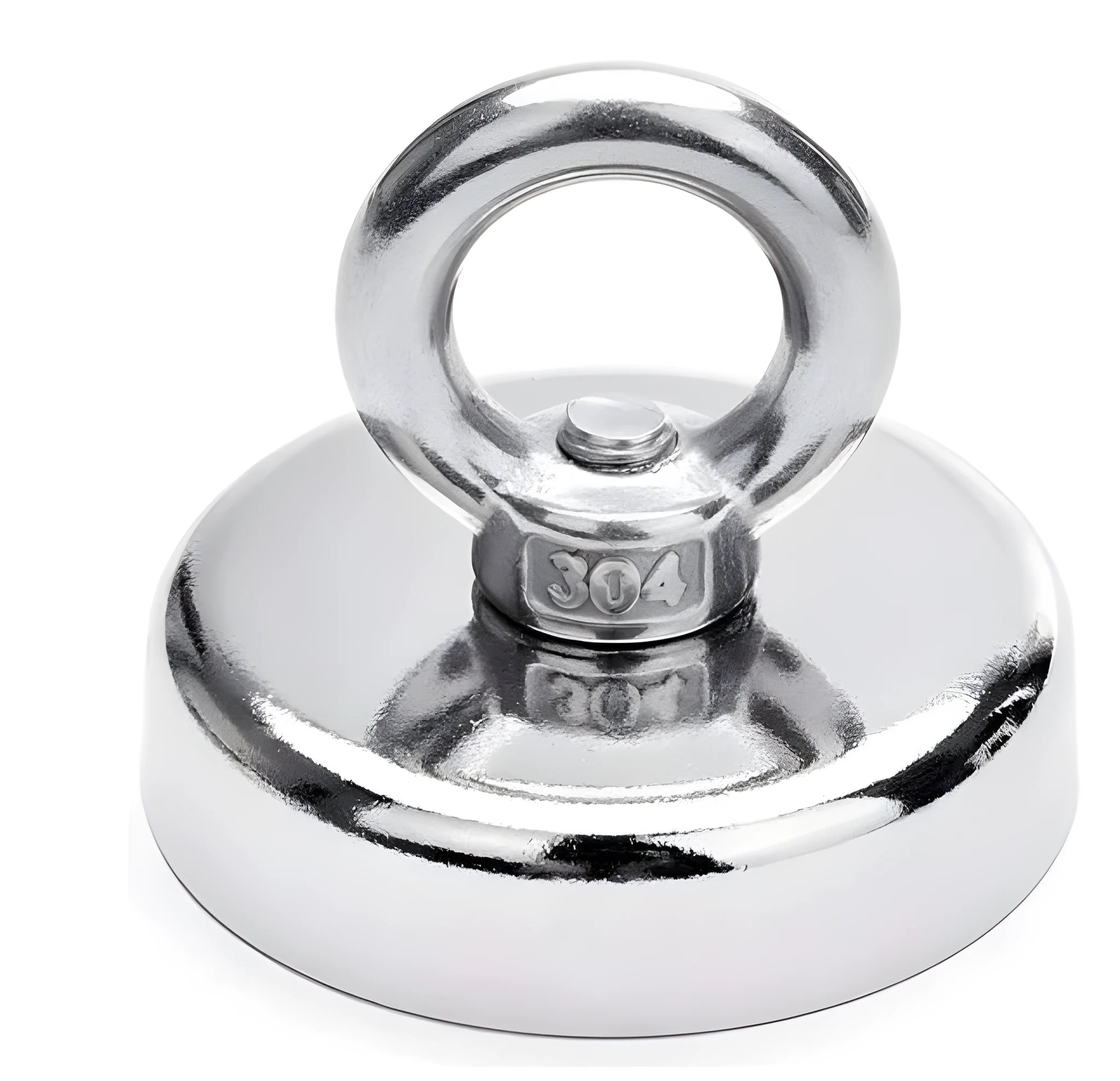Round nickel-plated salvage magnet with sucker attachment, D25mm diameter, for deep sea fishing.