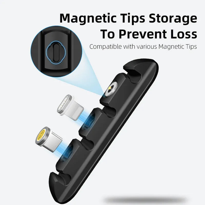 Black soft plastic desktop organiser holding a magnetic charging cable in place.