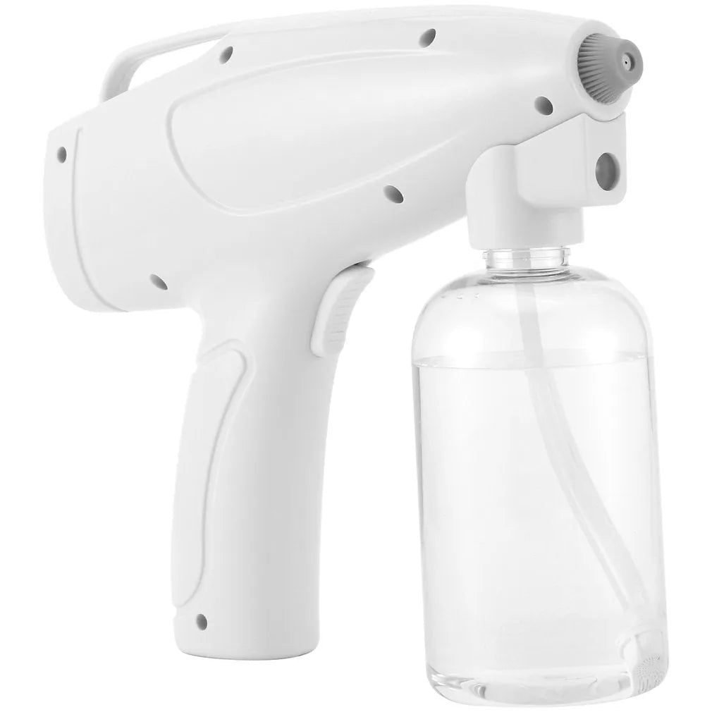 White handheld wireless electric spray disinfection gun with USB-C port and bottle attached