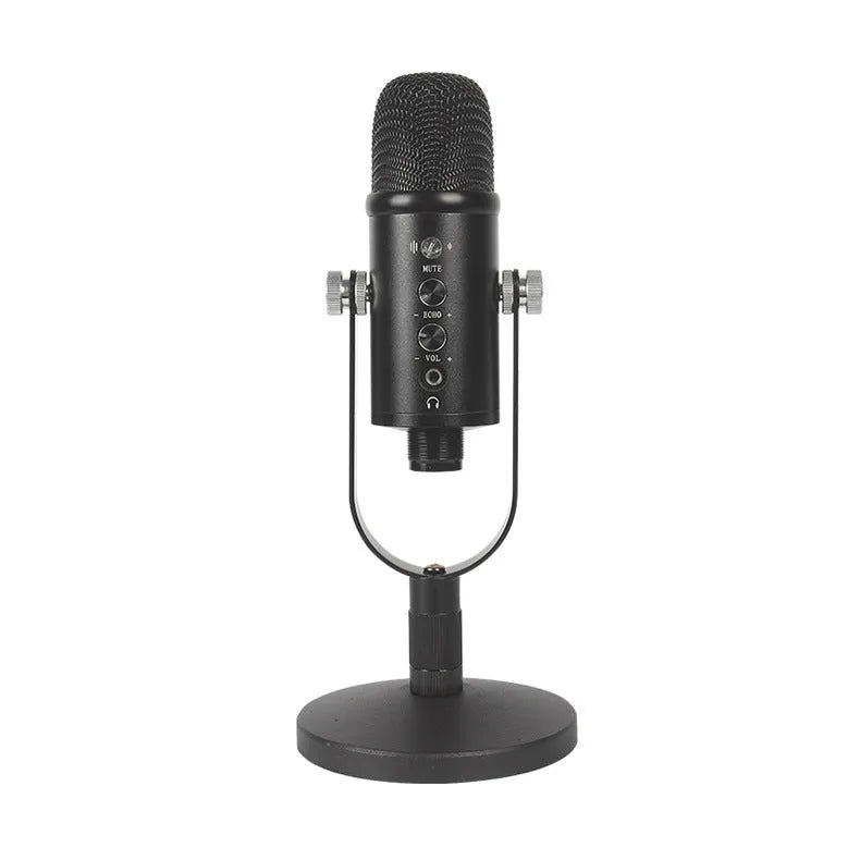 Black USB condenser microphone on a metal stand with a foam sponge cover, cable, and manual.