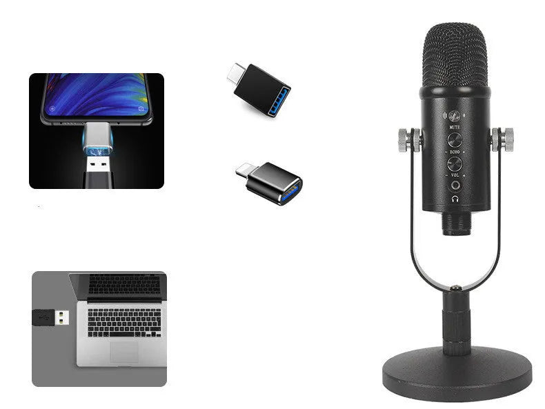 Black USB condenser microphone on a metal stand with a foam sponge cover, cable, and manual.