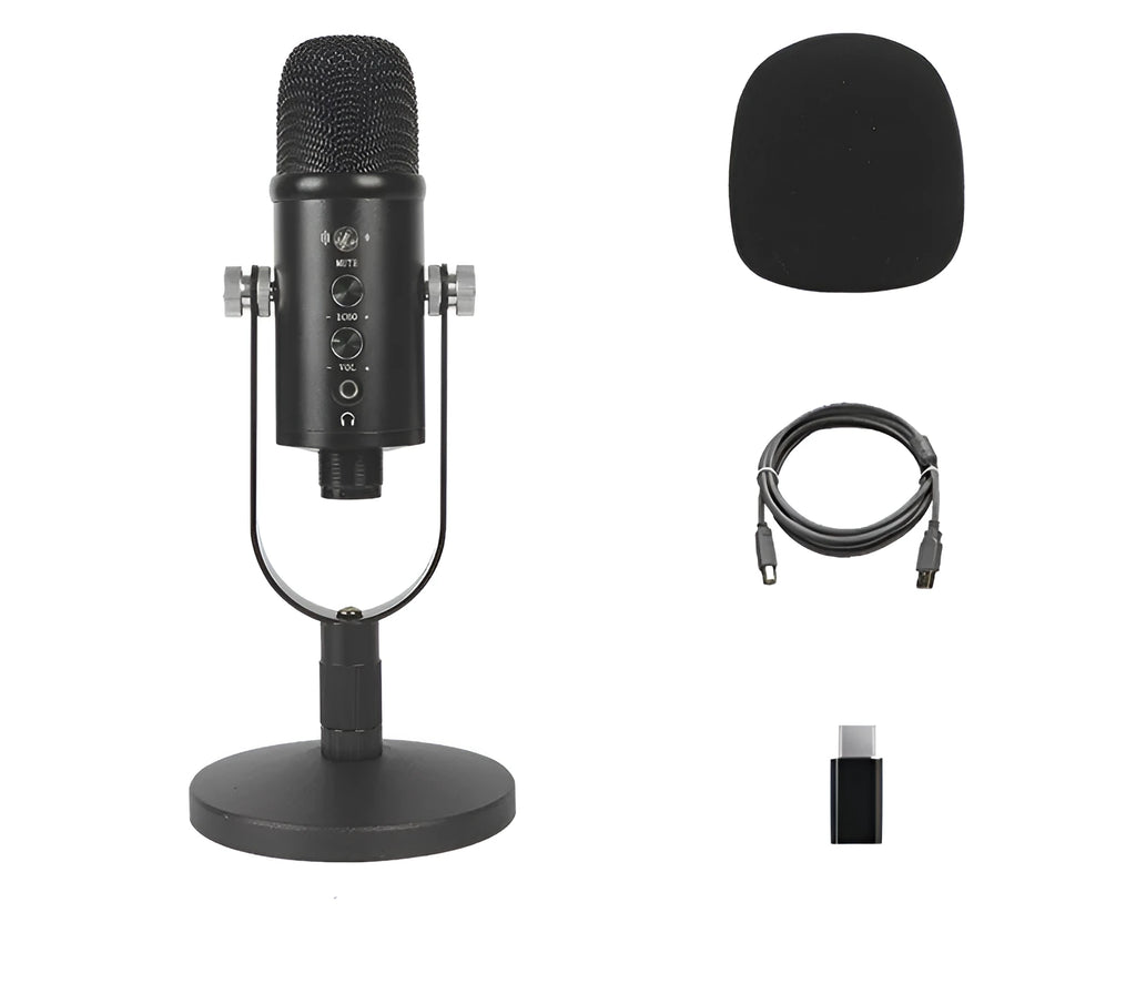 Black USB condenser microphone on a metal stand with a foam sponge cover, cable, and manual.