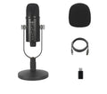 Black USB condenser microphone on a metal stand with a foam sponge cover, cable, and manual.