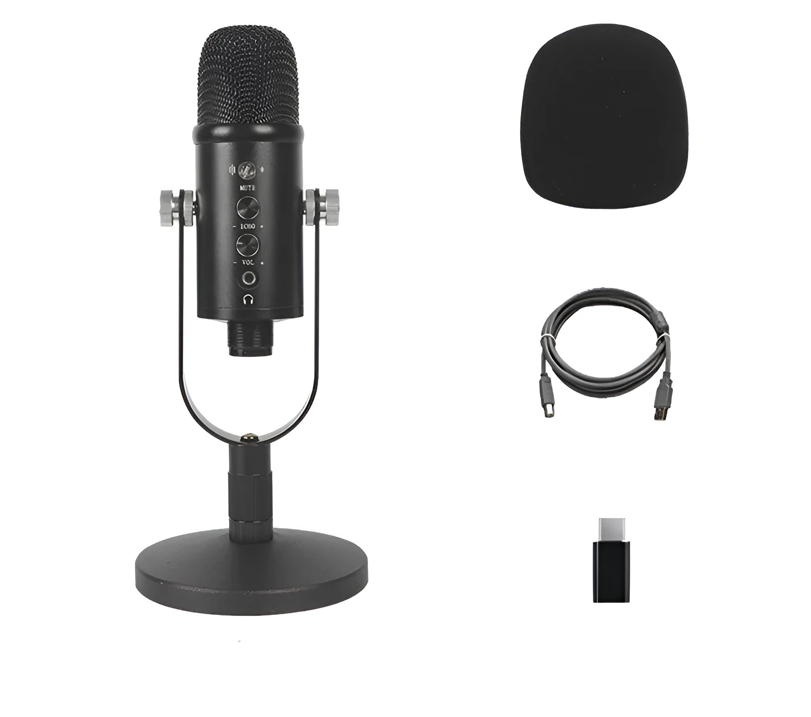 Black USB condenser microphone on a metal stand with a foam sponge cover, cable, and manual.