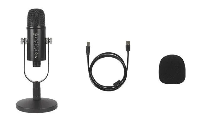 Black USB condenser microphone on a metal stand with a foam sponge cover, cable, and manual.