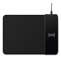 Black wireless charging mouse pad with RGB lighting on a desk