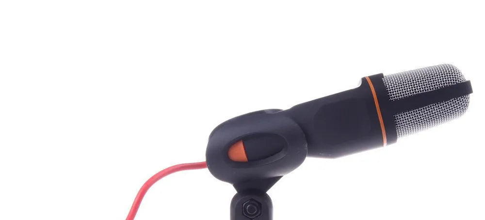 Black wired desktop PC microphone with a 13.3cm body mounted on a silver metal clip, showing a 1.85m coiled cable.