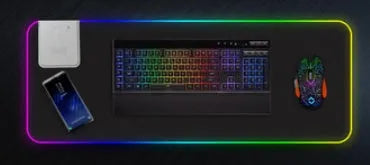 Black illuminated mouse pad 800x300x4mm with non-slip rubber base and USB hub on all sides