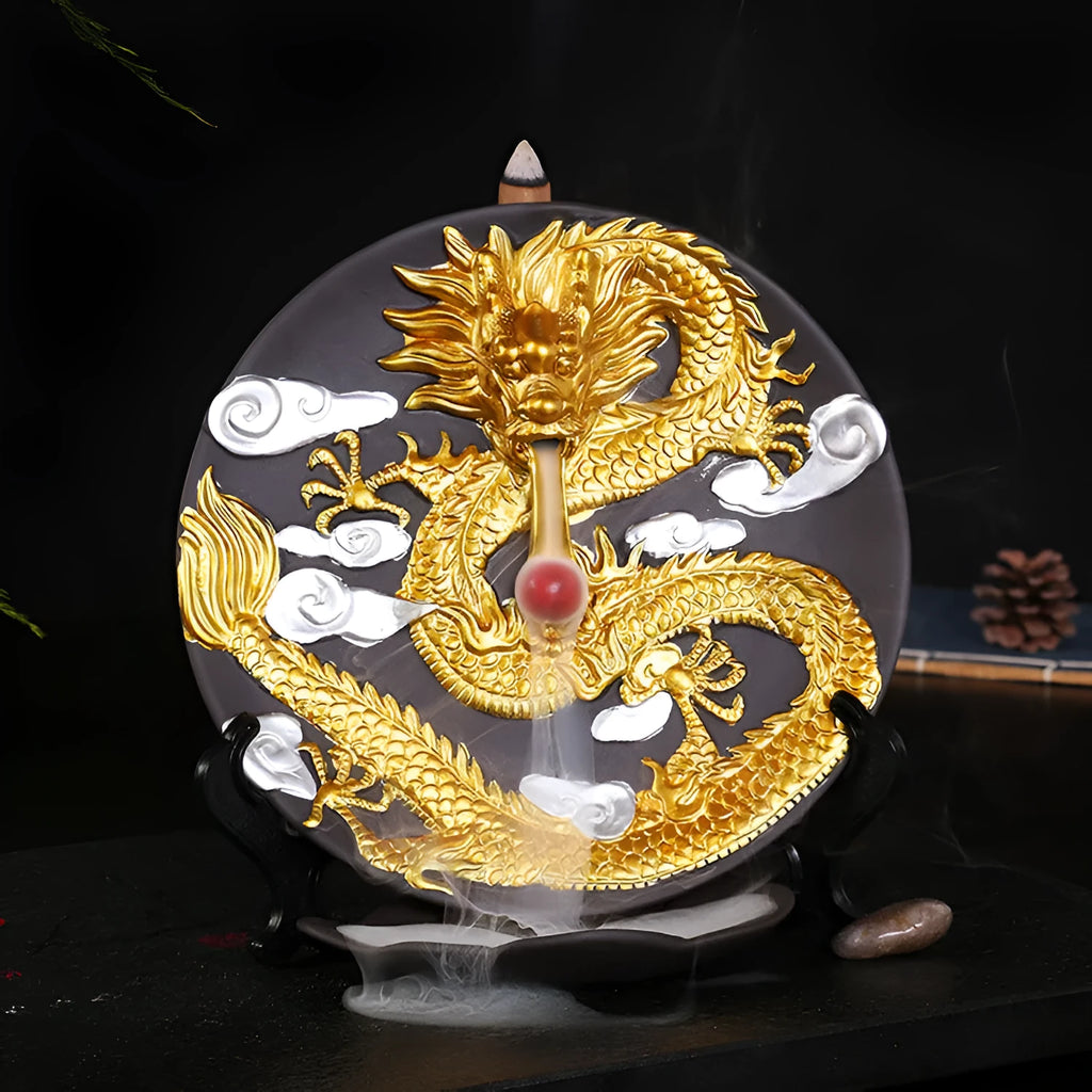 Ceramic backflow incense burner with Yellow Golden Dragon Plate finish and semi-manual craft detail