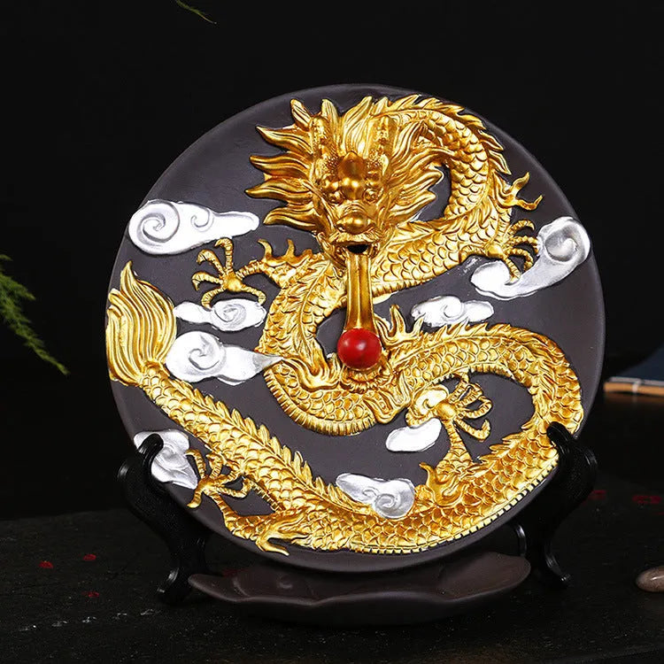 Ceramic backflow incense burner with Yellow Golden Dragon Plate finish and semi-manual craft detail