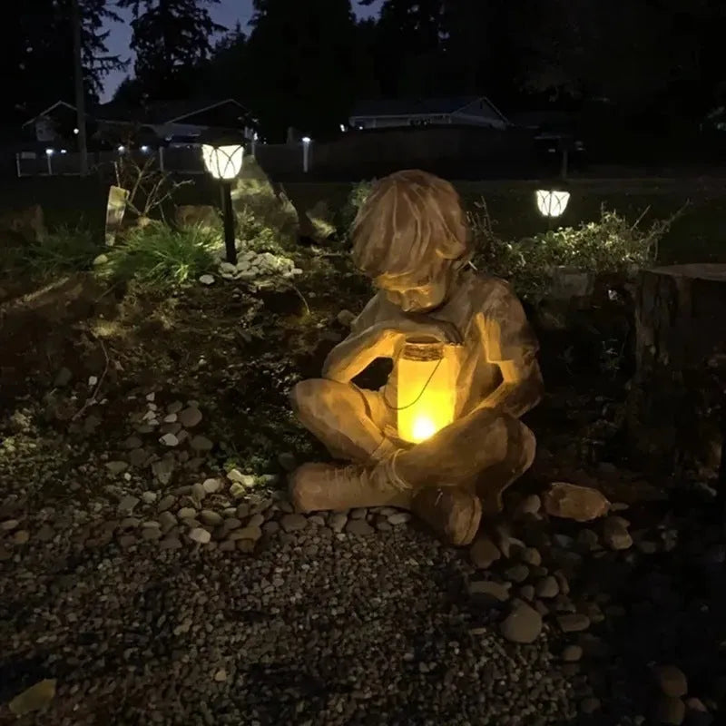 Brown little boy garden statue made from natural resin for tabletop decoration