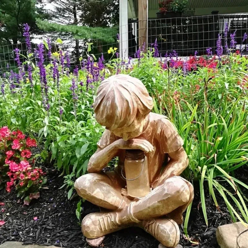 Brown little boy garden statue made from natural resin for tabletop decoration