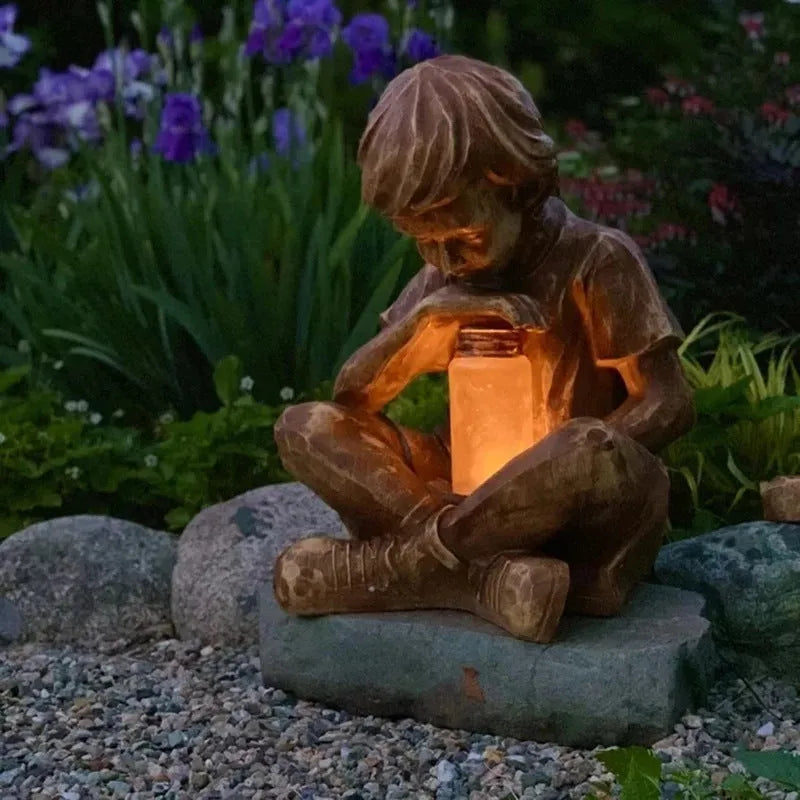 Brown little boy garden statue made from natural resin for tabletop decoration