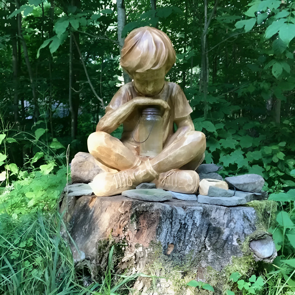 Brown little boy garden statue made from natural resin for tabletop decoration