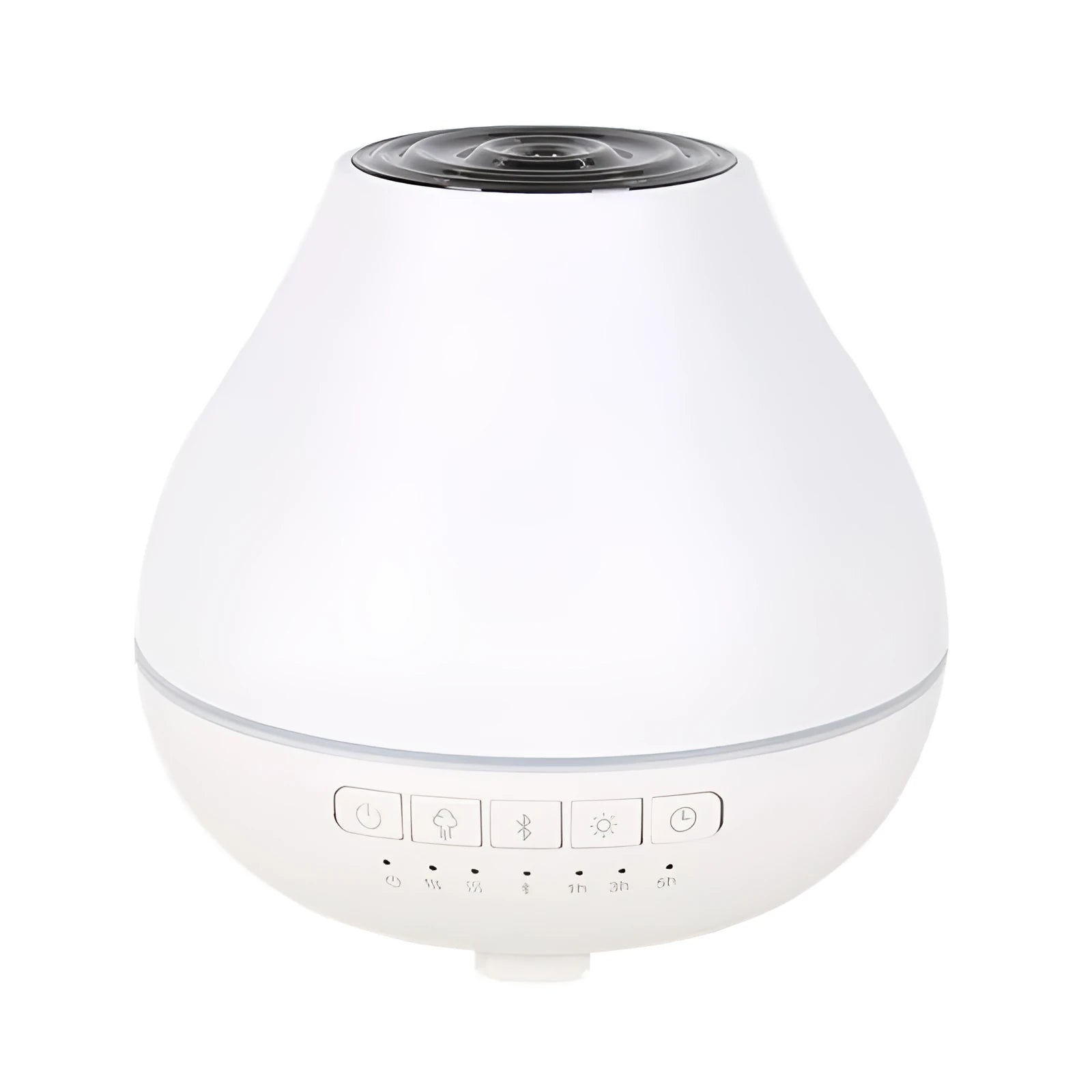 White round Bluetooth humidifier and aroma diffuser with night light on a wooden table, emitting mist.