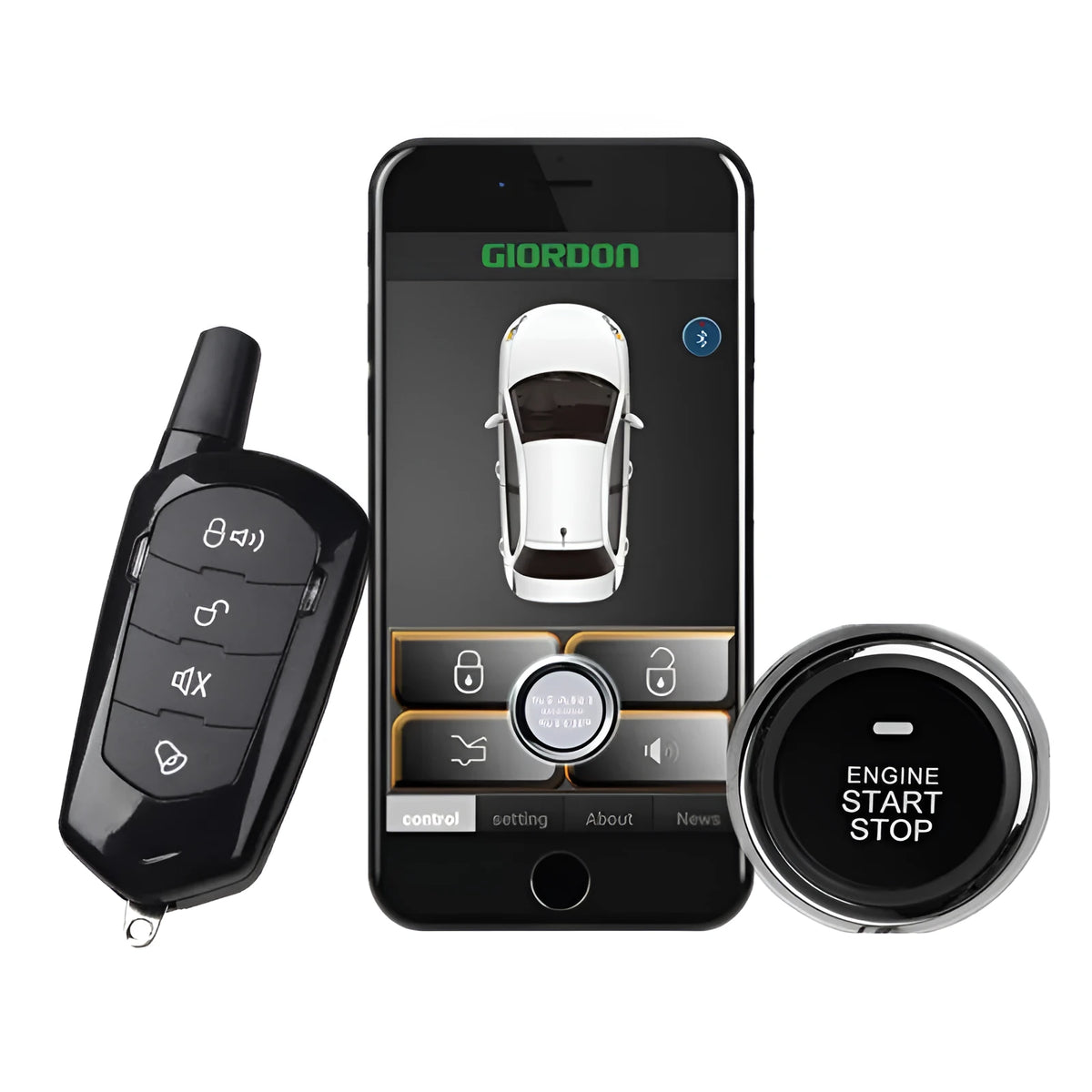 Car keyless entry one-button start system with GSM anti-theft alarm and remote control key