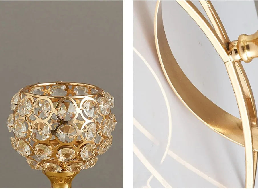 Geometric crystal candle holder with gold electroplated wrought iron frame on a table