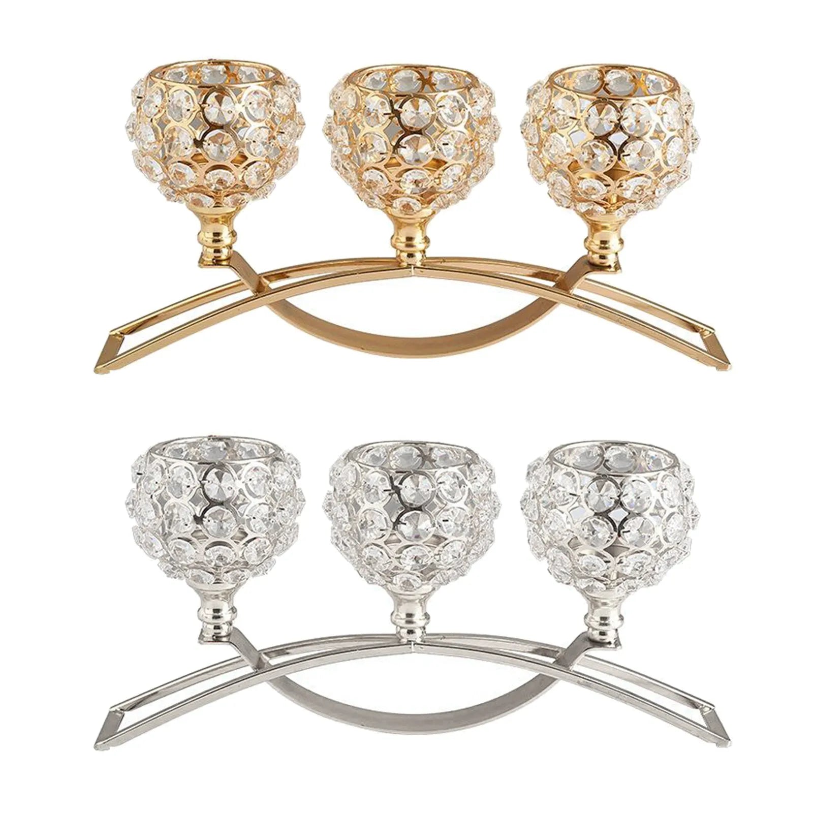 Geometric crystal candle holder with gold electroplated wrought iron frame on a table