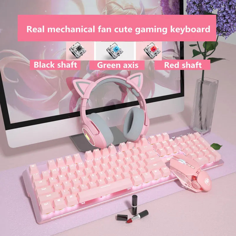 Pink mechanical keyboard and matching wired mouse set for PC gaming on a desk