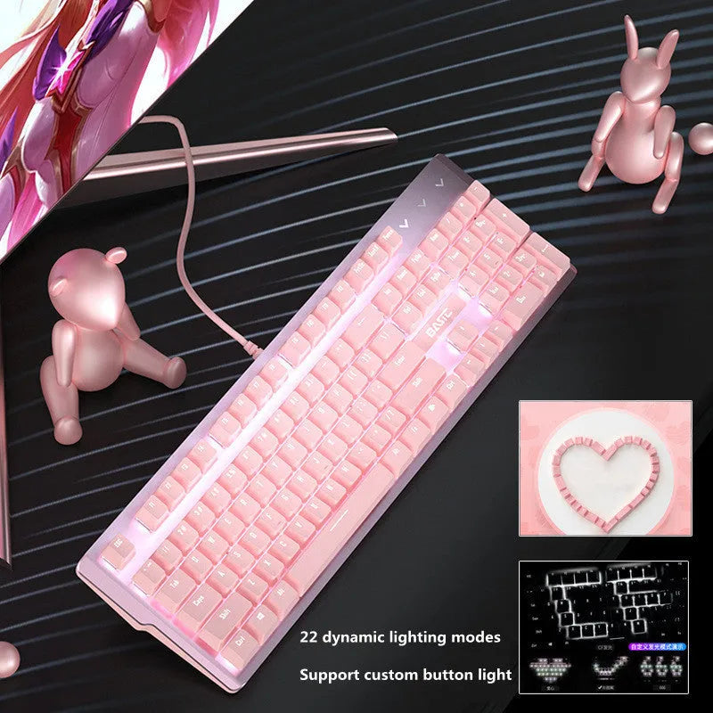 Pink mechanical keyboard and matching wired mouse set for PC gaming on a desk