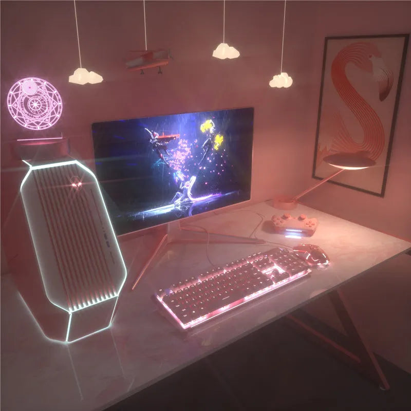 Pink mechanical keyboard and matching wired mouse set for PC gaming on a desk