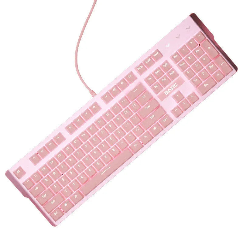 Pink mechanical keyboard and matching wired mouse set for PC gaming on a desk
