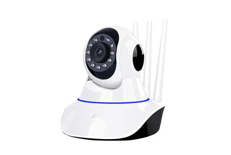 Intelligent 360-degree rotating wireless security camera with night vision and three antennas for home monitoring