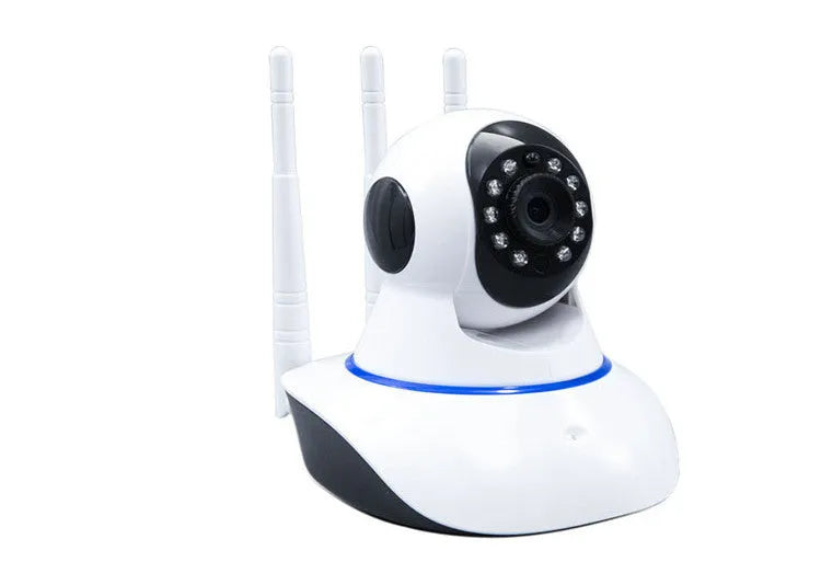 Intelligent 360-degree rotating wireless security camera with night vision and three antennas for home monitoring