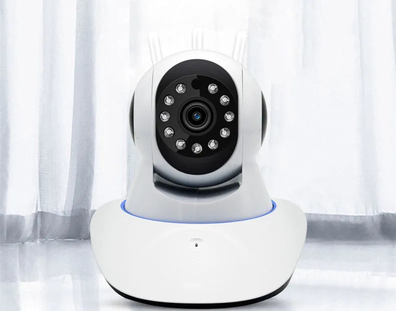 Intelligent 360-degree rotating wireless security camera with night vision and three antennas for home monitoring