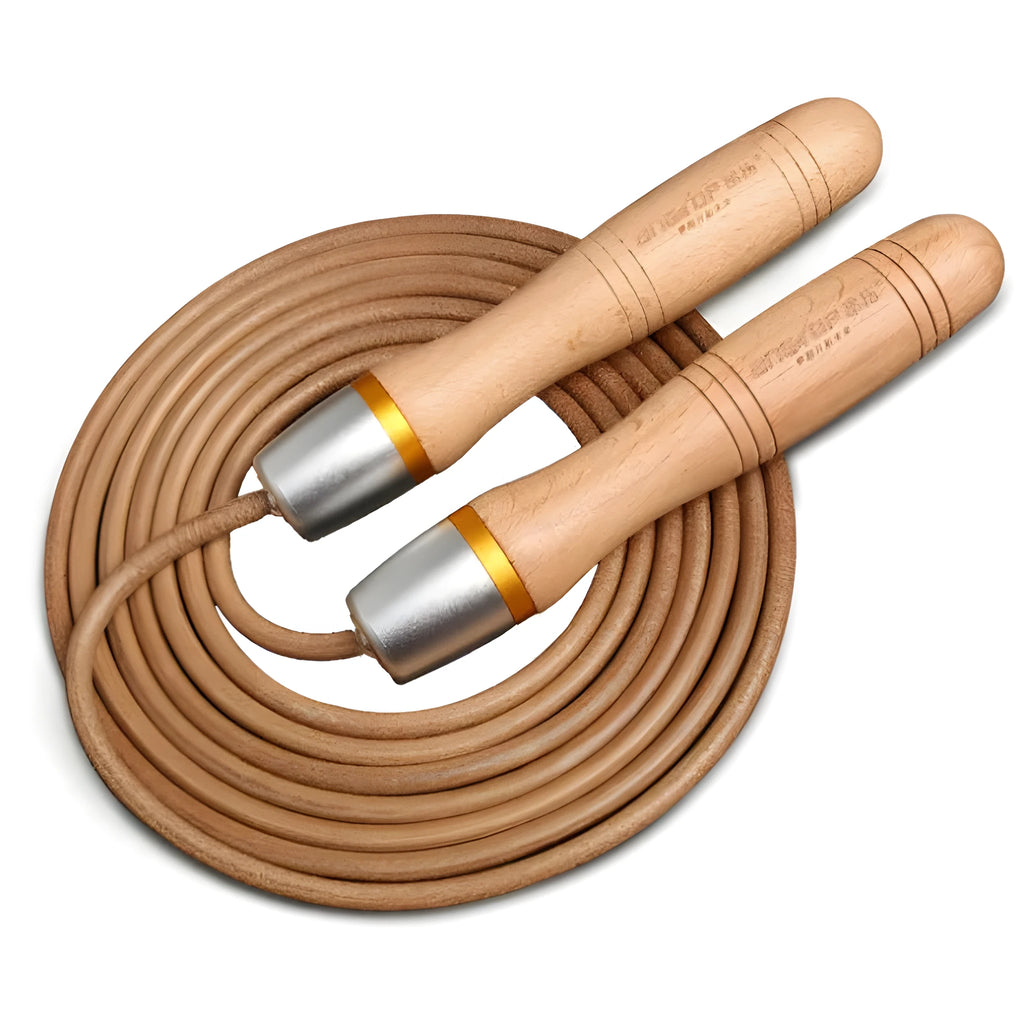 Adjustable cowhide fitness training skipping rope, 3 metres, in light golden or silver