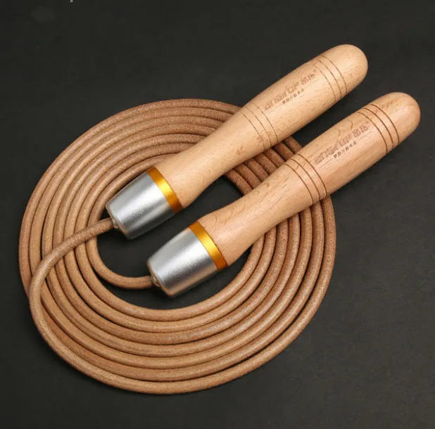 Adjustable cowhide fitness training skipping rope, 3 metres, in light golden or silver