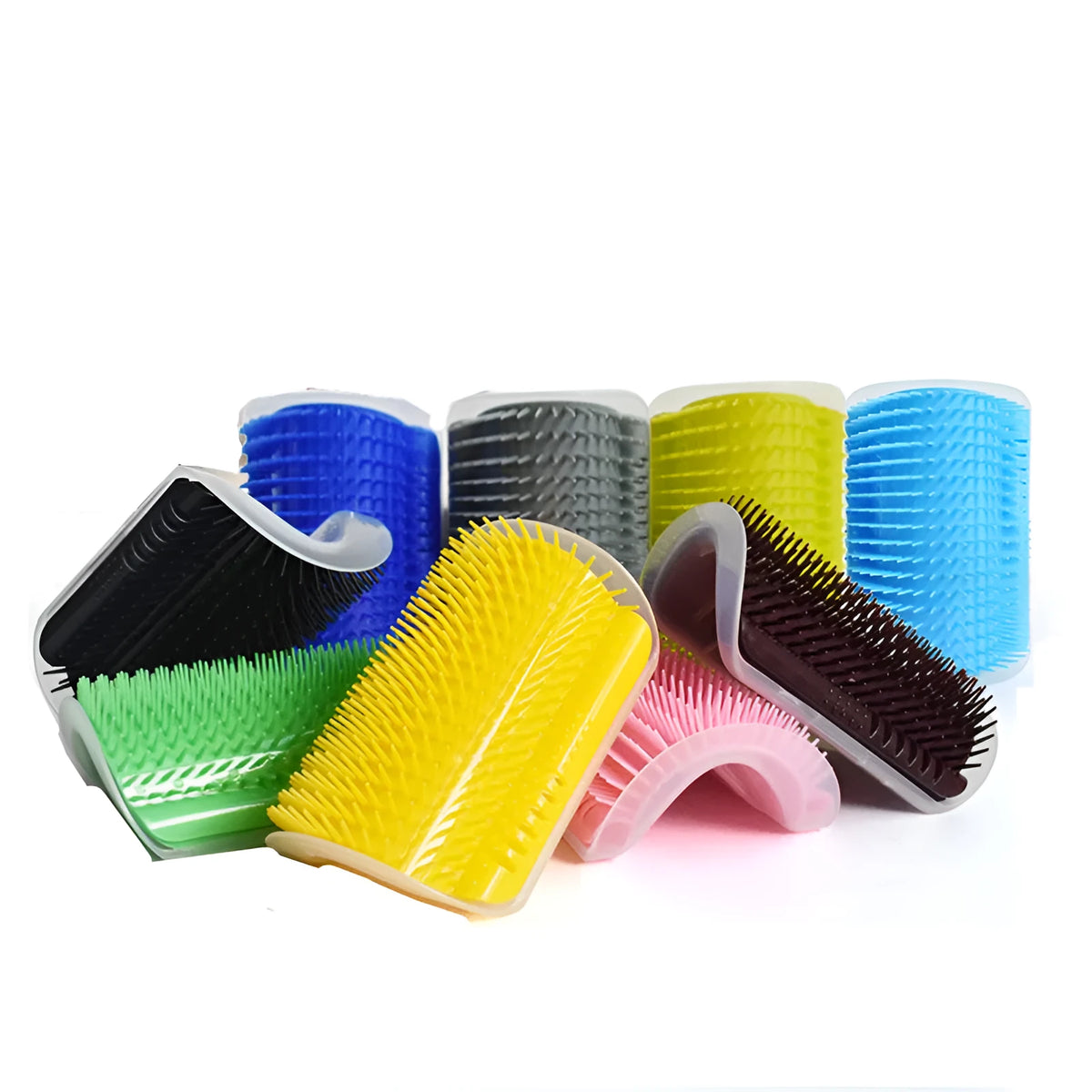Cat wall corner massage brush in blue with plastic bristles and catnip for rubbing and grooming