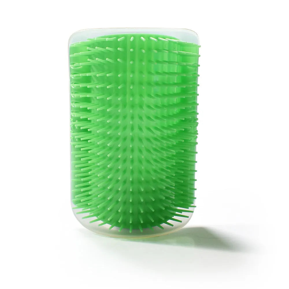 Cat wall corner massage brush in blue with plastic bristles and catnip for rubbing and grooming