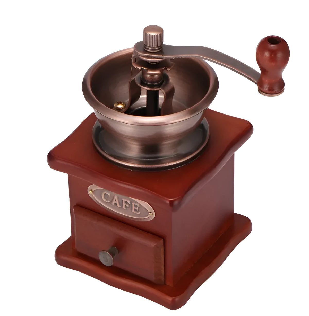 Red manual coffee grinder with pine wood, cast iron and ceramic parts, 10x10x17cm, for 2-3 servings.