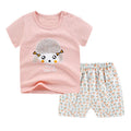 Summer infant cotton two-piece set showing kids' T-shirt and shorts with cartoon print.
