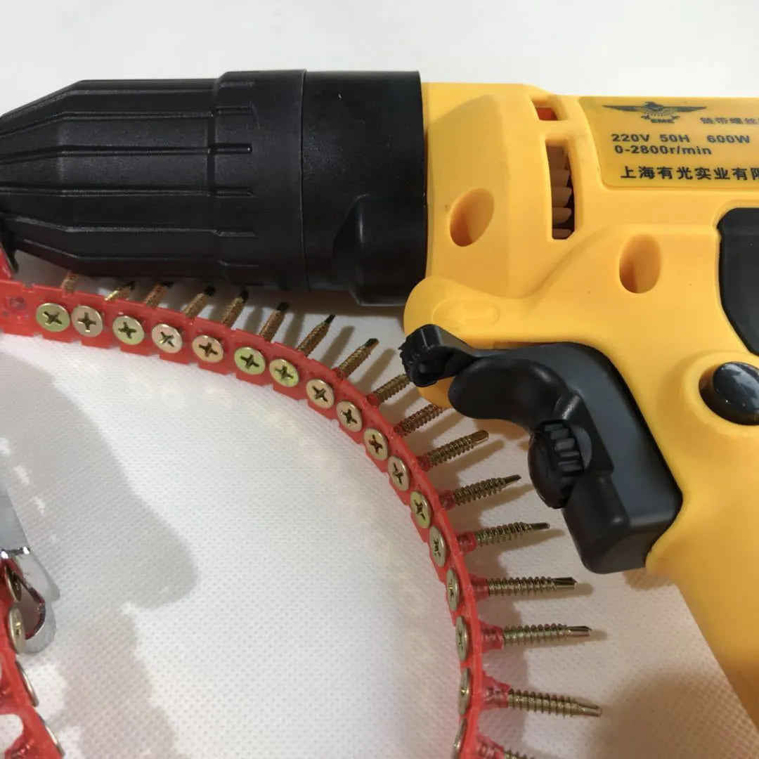 Yellow rechargeable electric chain nail machine with automatic screw feeding and pistol grip handle